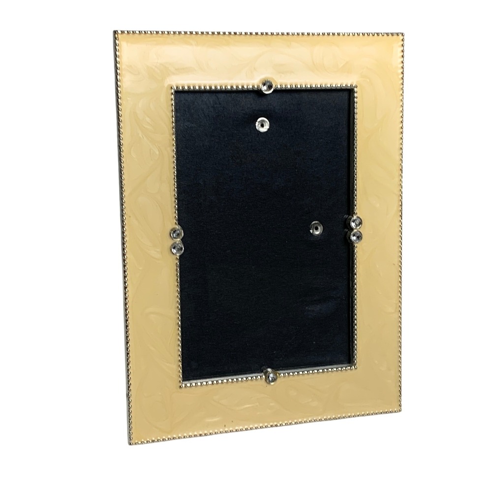 Cream‎ Enamel Rhinestone Beaded 4x6 Picture Frame Silver Tone Marbled Tabletop